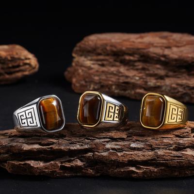 1pc Men's Vintage 316L Stainless Steel Ring with Natural Tiger's Eye Stone Intricate Detailing, Durable Unisex Jewelr