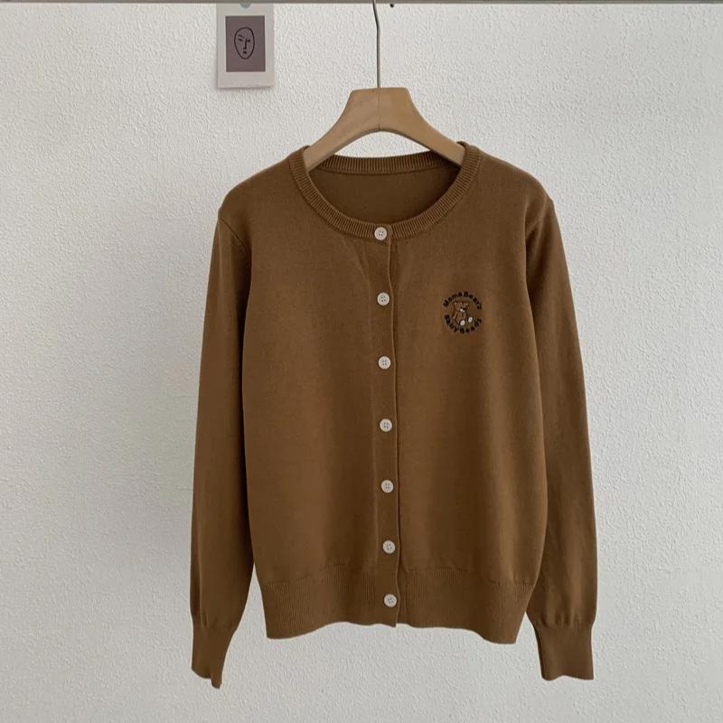 Spring Autumn Cardigan Women Soft Long Sleeved Knitted  Solid Casual Slim O Neck Tops Embroidered Teddy Bear Overcoat 30965