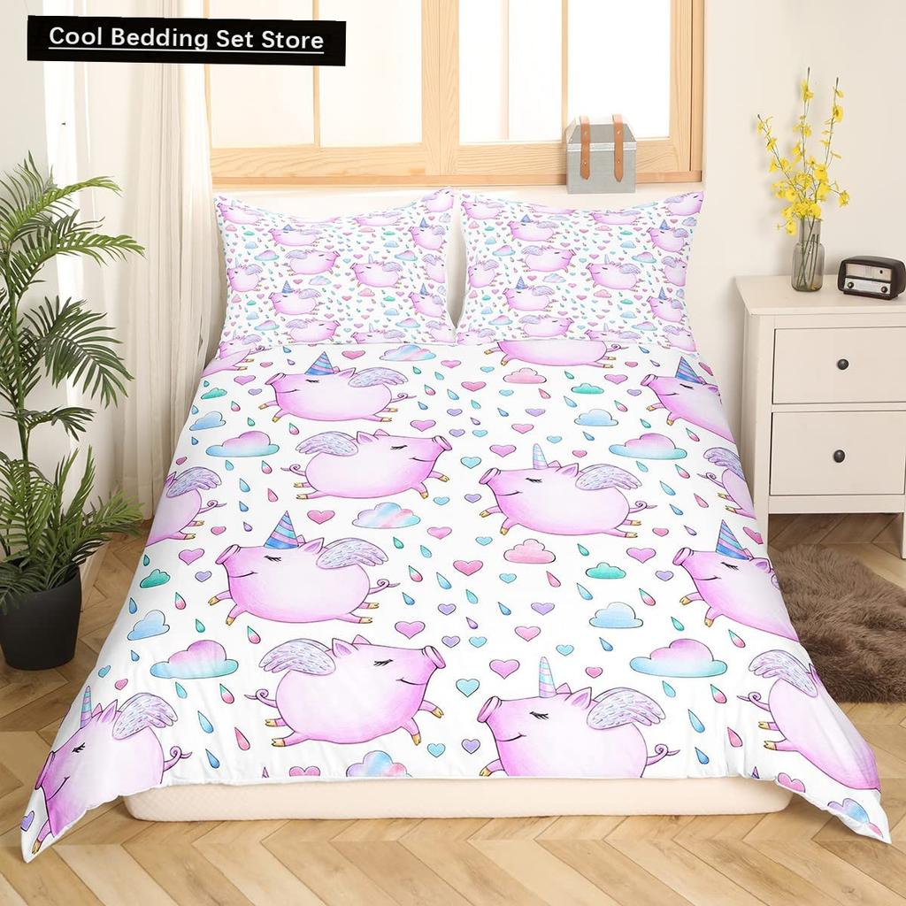 Cartoon Kawaii Pig King Queen Duvet Cover Happy Farm Animal Bedding Set Pink Piggy Quilt Cover 2/3pcs Polyester Comforter Cover