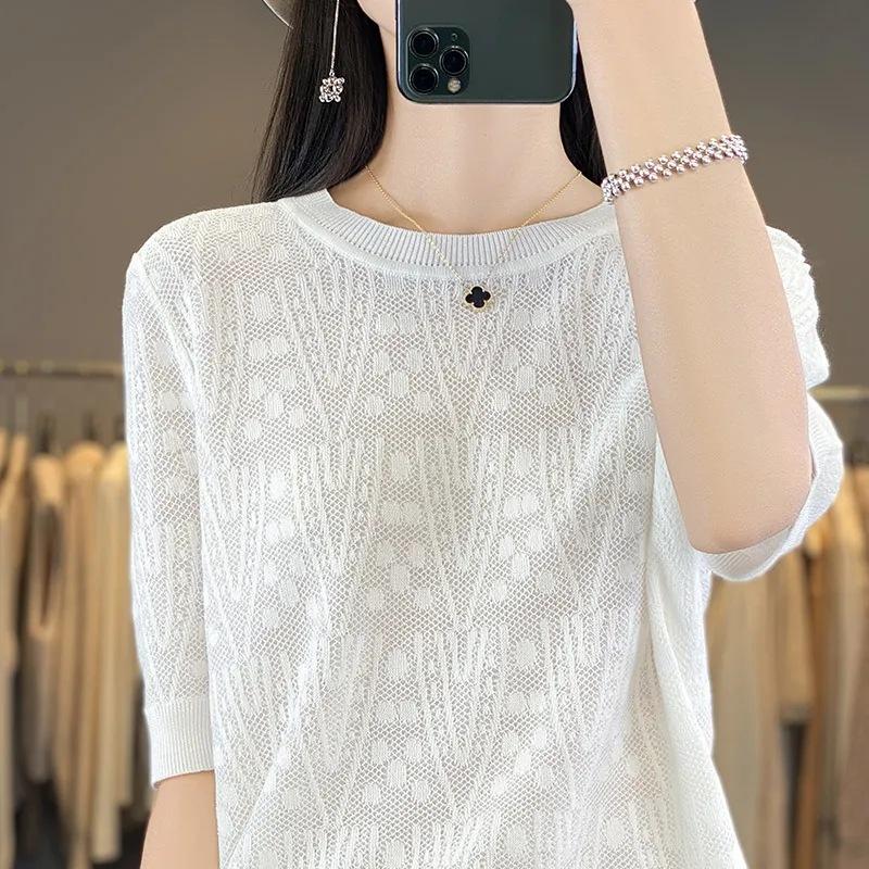 Summer Round Neck Pullover T-shirt Loose and Slimming Temperament Short Sleeved Knitted Shirt