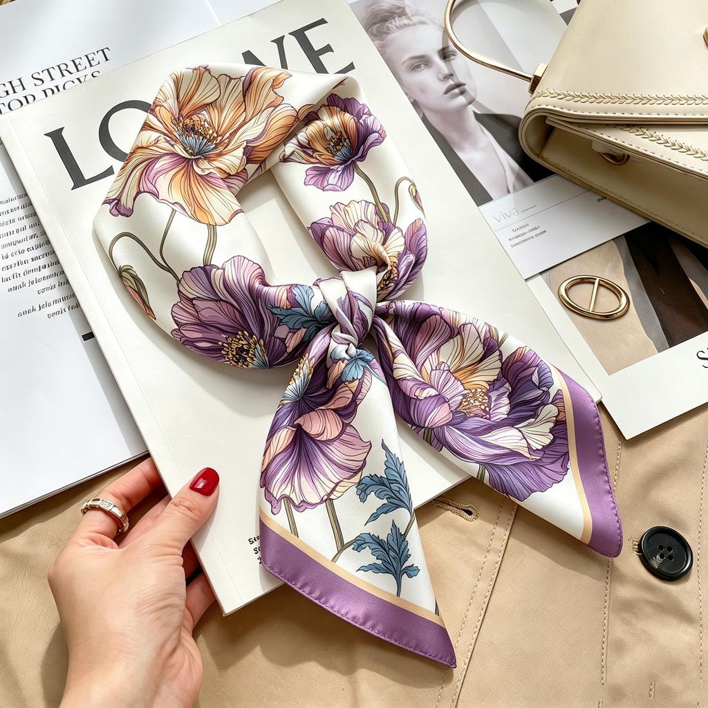 Commuter elegant flower silk scarf women's contrasting color retro printing satin scarf shirt with multi-purpose decorative small scarf