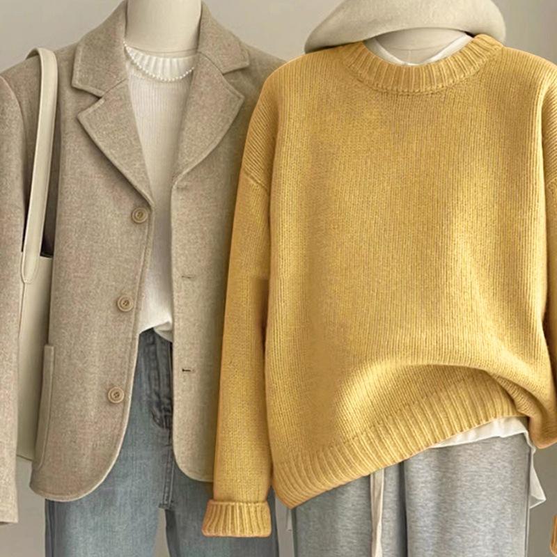 Autumn and Winter Women Soft Waxy Round Neck Cashmere Sweater Women's Loose Sweater Autumn and Winter Short Base Sweater