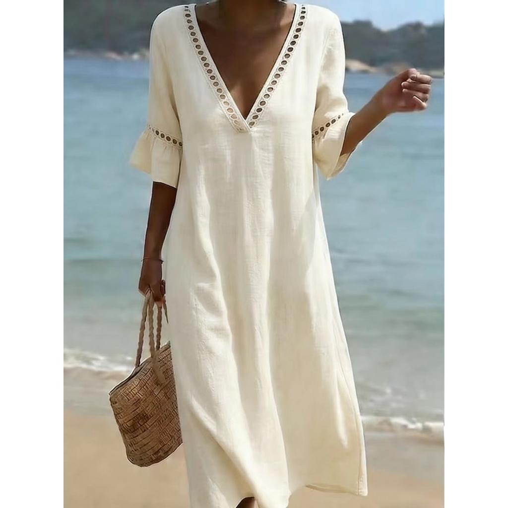 Spring Summer Women's Casual Loose Solid Color Cotton Lace V-neck Dress Leisure Trade
