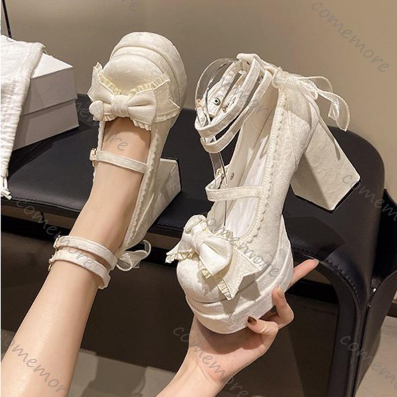 Fashion Comemore Spring Autumn New Women's Pumps 11cm High Heeled Leather Single Shoes Fashion Girls Platform Bow Lolita Mary Jane Shoes