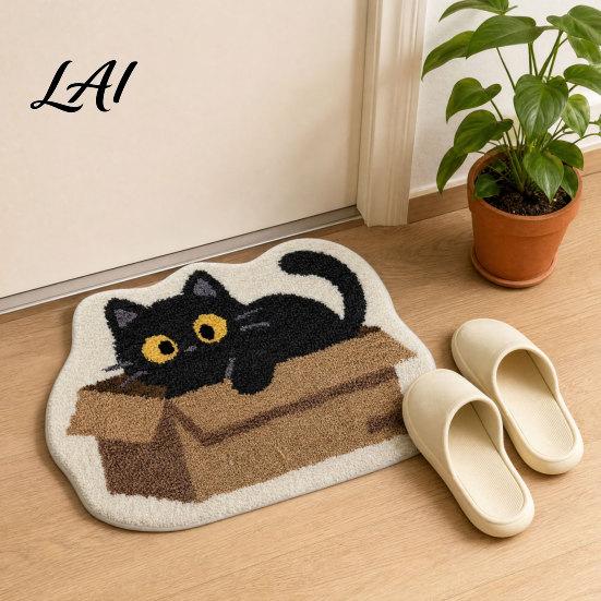 Durable Floor Mat Plush Bathroom Rug Non-Slip Absorbent Fluffy Mat Cute Easy Care Black Cat Door for Entrance Bedroom Living Room Washable