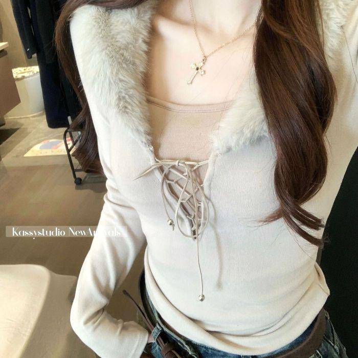 Women's Slim Fit Fur Collar Long Sleeve Top with Tie – Autumn/Winter Chic