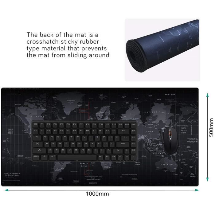 Tapis de souris hydrofuge Gaming Carte du monde (1000 mm X500 mm X 2 mm)