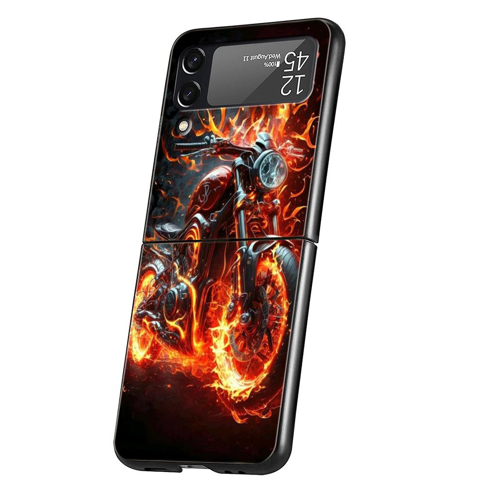 Motorcycle Hard PC Phone Case For Samsung Galaxy Z Flip 5 4 3 Black Cover For Galaxy Z Flip 6 Foldable Shockproof Cases Fundas