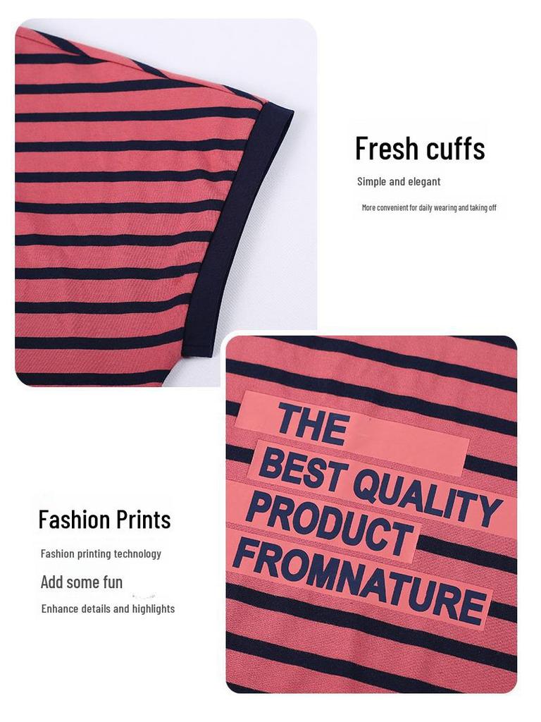 Women's White Striped Pure Cotton Short-Sleeve Round Neck T-Shirt, Summer 2025 Collection, Loose Fit