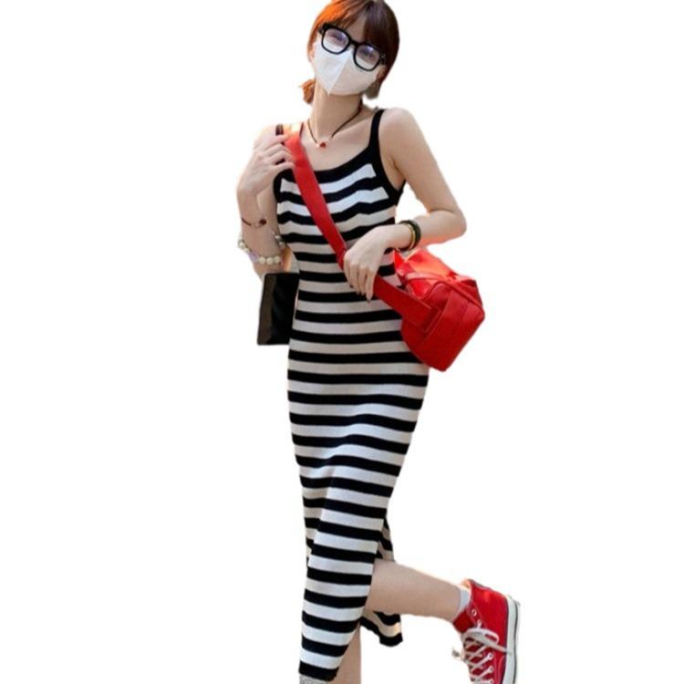 New Spice Girl striped knitted suspender dress women's split ends, waist and thin medium and long skirt, vest, hip skirt