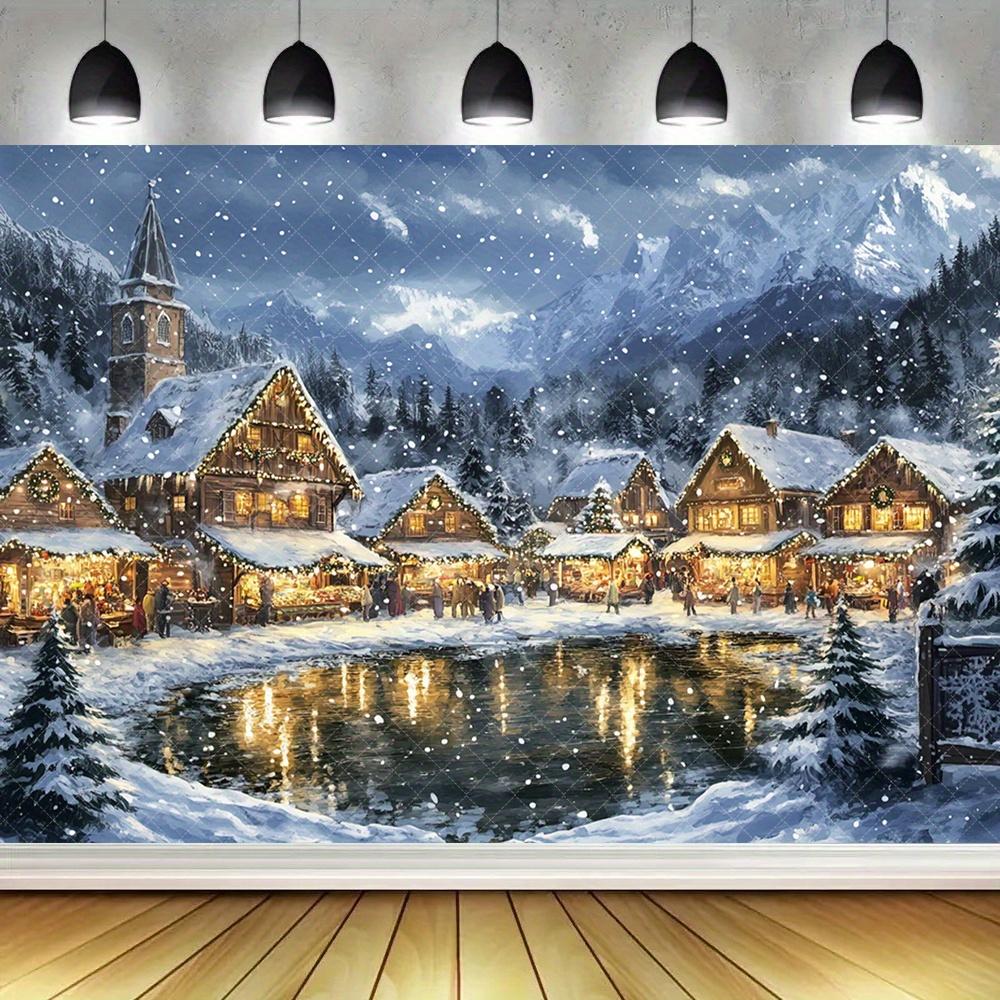 1pc Nordic Snowy Christmas Town Tapestry - Cozy Winter Scene with Snow-Covered Houses, Warm Lights & Starry Night Sky, Bohemian Home Decor for Living