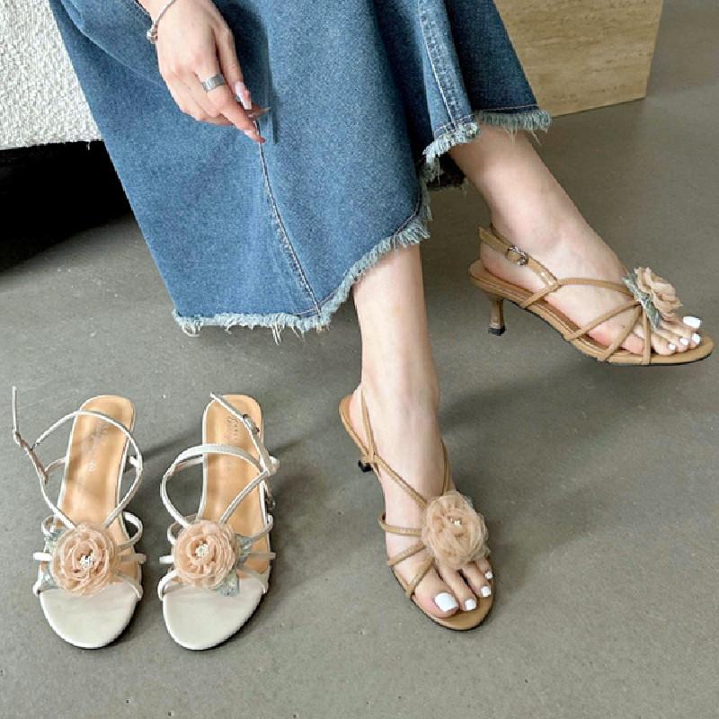 Floral Narrow Strap Designer Branded Sandals for Ladies Summer Open Toe Low Heeled Pumps Elegant Party Dress Buckle High Heels