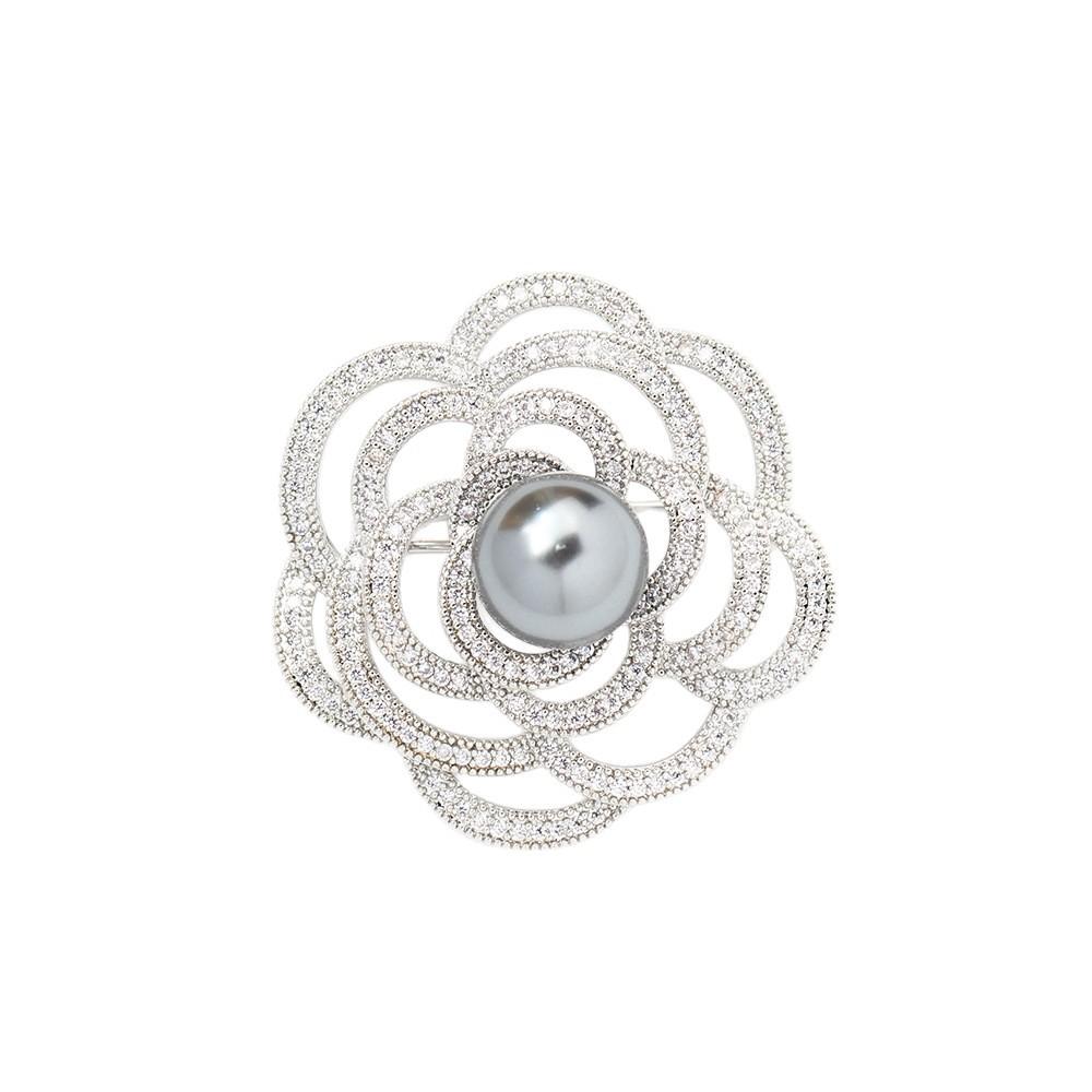 High-class Elegant Gray Pearl Camellia Brooch Light Luxury Three-dimensional Copper Alloy Micro-inlaid Zircon Pin Versatile Clothing