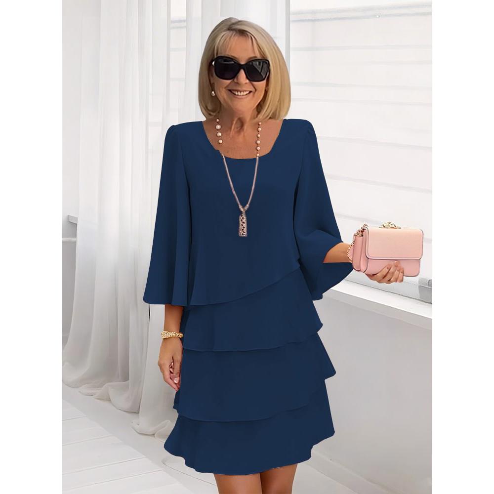 Casual Ruffles Midi Dress Women Summer Fashion Solid Color O-neck Dresses Elegant