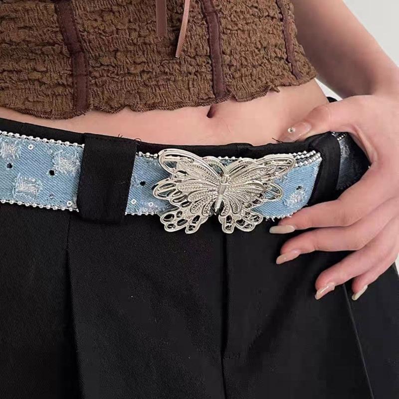 Distressed Butterfly Buckle Belt for Adult Fashion Bead Trim Sequined Waistband Jeans Belt Teens Girl Waist Accessories