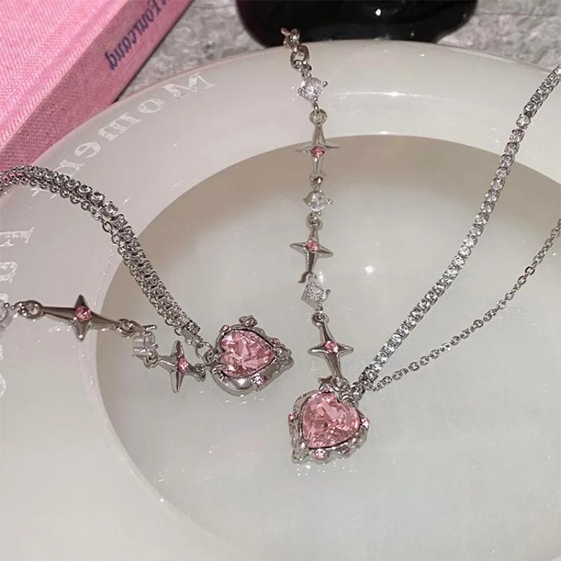 Y2K Fashion Peach Heart Water Drop Pendant Necklace Women Black Crystal Egirl Sweet Cool Punk Clavicle Chain Aesthetic Zircon
