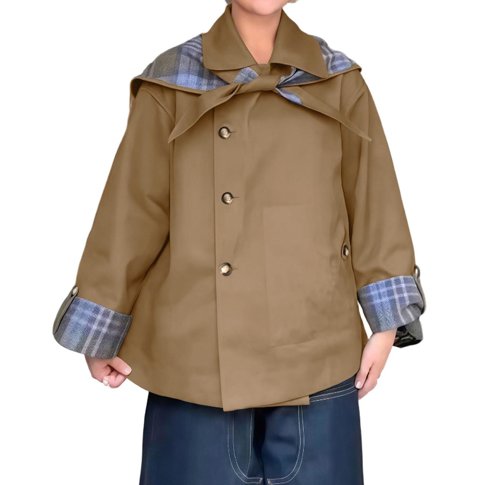 

Женская короткая куртка с лацканами, клетчатым узором, двусторонняя, оверсайз, с карманами S хаки