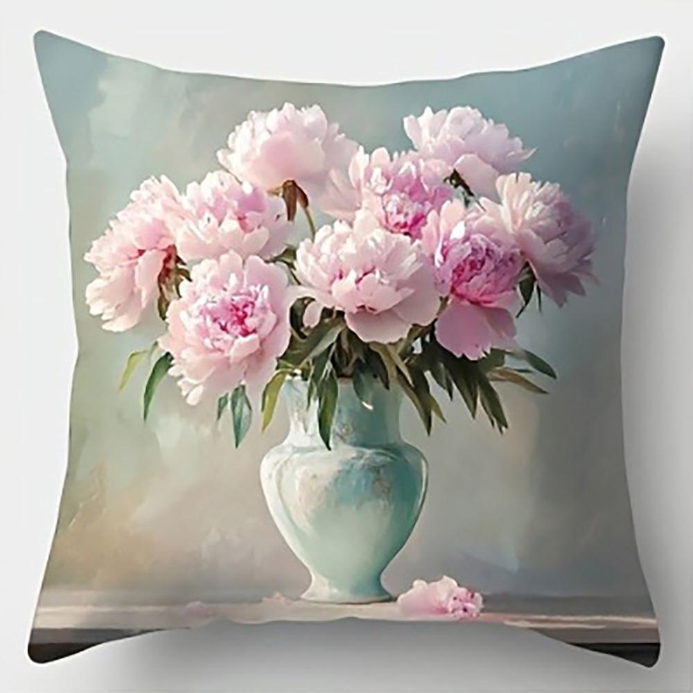 Vase of Pink Peonies On PillowSuitable for Sofa Car Bedroom Decorative Cushion Cover Pillow Cover