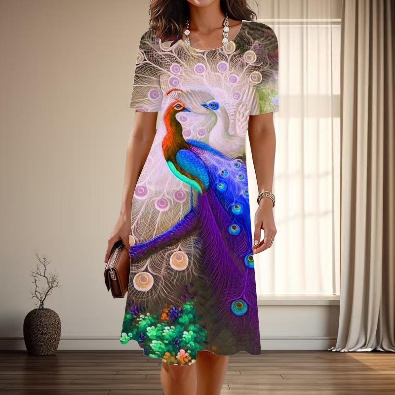 

Женская мода изящный павлин принт лето весна короткий рукав О-образный вырез повседневные платья 5XL оранжевый