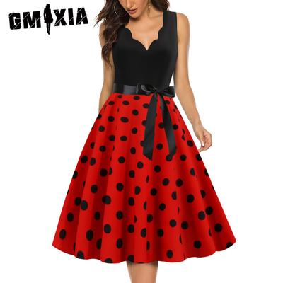 Sommermote Retro Bølget V-hals Midt midje Polka Dot Print Swing Dress