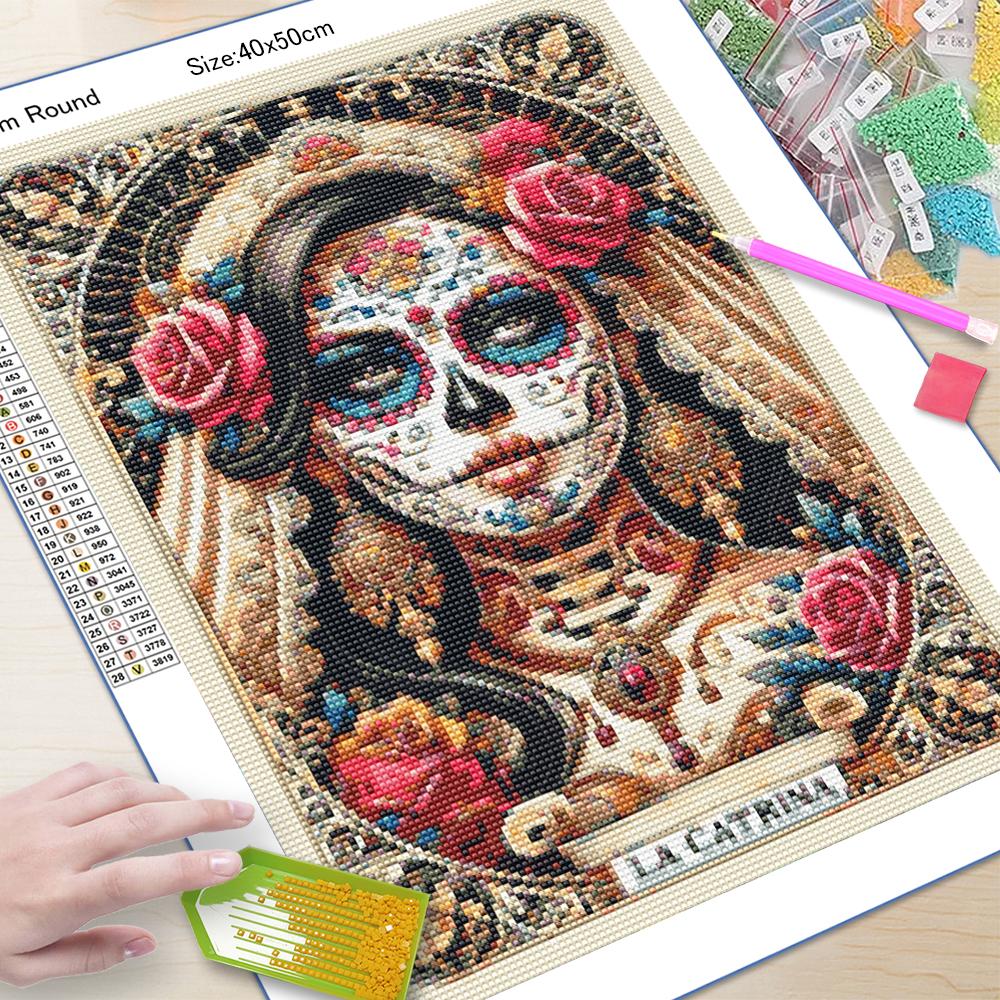 Peinture Art Diamant DIY Squelette Dames Mosaïque Point de Croix Set Art Fleur Pierre Précieuse Incrustation Cadeau DIY Décoration Peinture