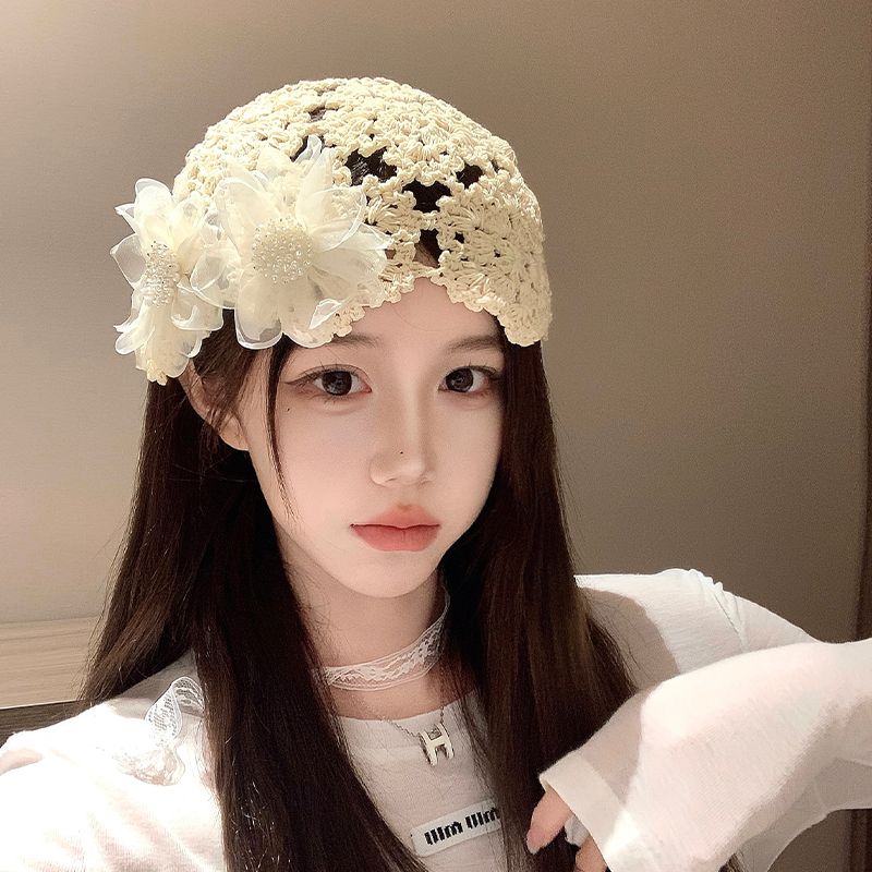 Women's Summer Pearl Flower Lace Hat Handmade Crochet Hollow Versatile Head-Wrapping Slouchy Hat
