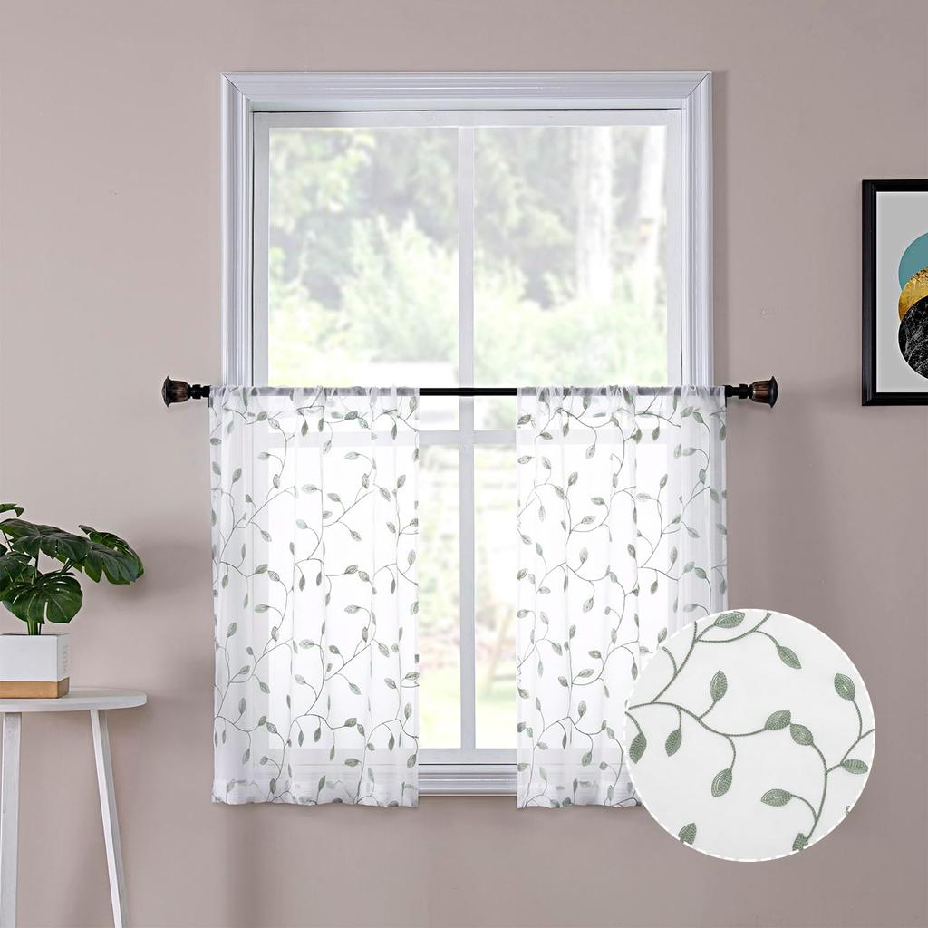 Tollpiz Leaves Short Sheer Curtain Sage Green Leaf Embroidery Living Room Curta Rod Pocket Voile Faux Linen Embroidered Leaves Curtain for Bedroom,