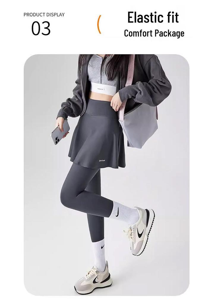 Women's Faux Two-Piece Fleece-Enhanced Shark Pants: Yoga-Style Pleated Skirt and Tights for Spring, Autumn, and Winter.