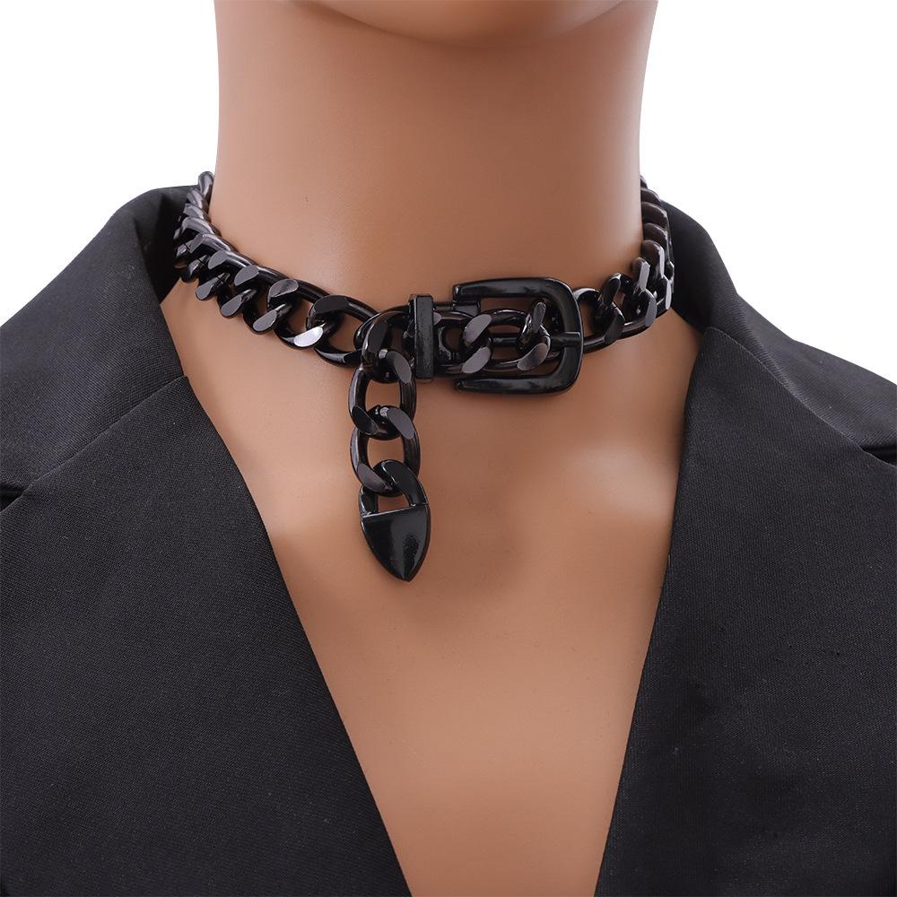 European and American Jewelry, Punk Thick Chain Belt Buckle Collarbone Necklace Female, Hip Hop Heavy Industry Metal Geometric Necklace