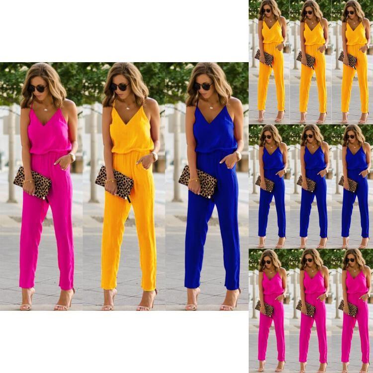 Elegant Women Spaghetti Strap Wide Leg Bodycon Jumpsuit With V-neck Romper Trousers