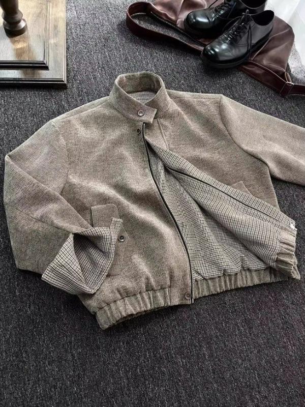 Men's Houndstooth Harrington Jacket: Retro Wood Grain, Short Stand-Up Collar, Spring/Autumn High-End Design.
