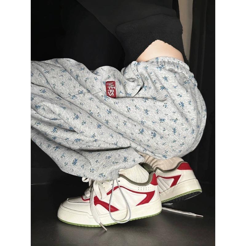 Szare spodnie dresowe w kwiaty dla kobiet luźne proste nogawki nowe wiosenne i jesienne z wysokim stanem casualowe szerokie nogawki szenilowe