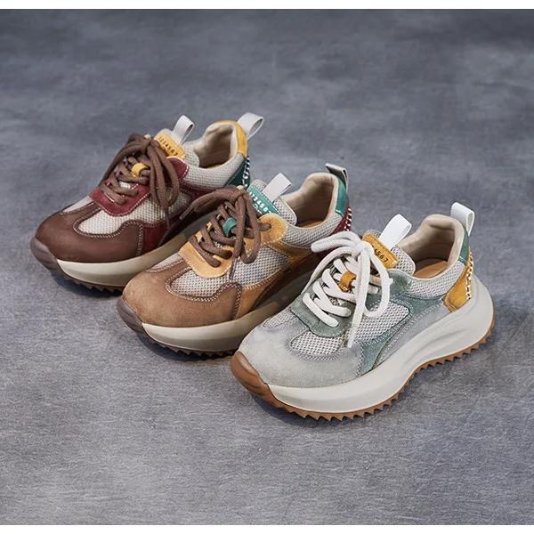 Johnature Mesh Splicing Genuine Leather Breathable Women's Shoes Thick Sole Mixed Colors Casual Sports Shoes