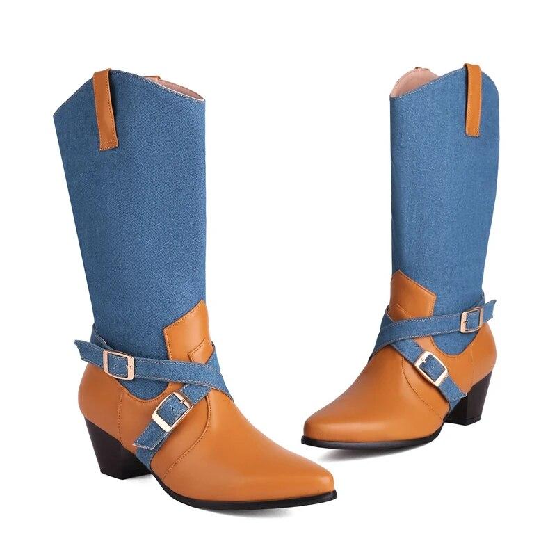 FOREADA Women Mid Calf Boots Pointed Toe Thick Mid Heels Zipper Buckle Mixed Colors Western Cowboy Boots Ladies Shoes Winter 43
