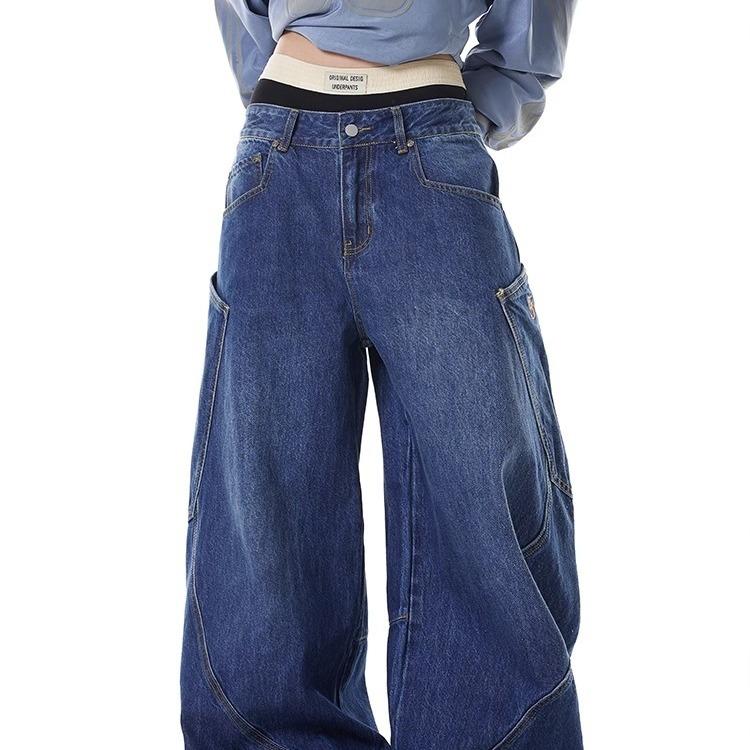 Unisex High Waist Barrel Jeans Loose Fit Streetwear Wide Leg Jeans Vintage American Zip Fly Stretch Denim Trousers