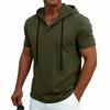 Men’s Short Sleeve Hooded T Shirt with Button Placket Casual Pullover Lightweight Drawstring Hoodie Top for Everyday Wear