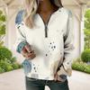 Women Plus Size V Neck Front Zip Blue Beige Watercolor Printed Long Sleeve Sweatshirt