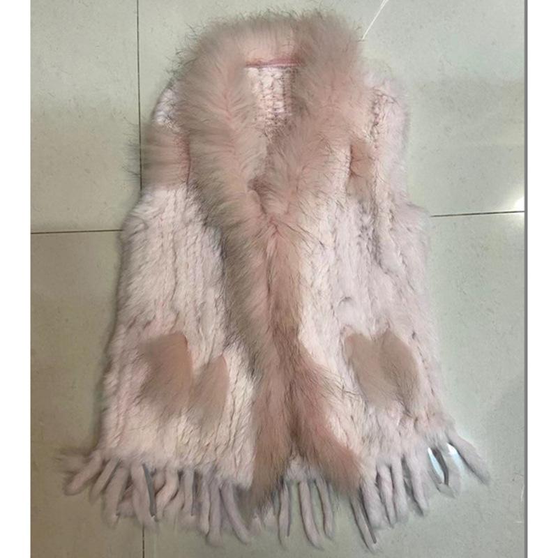 

В язана жилетка з натурального хутра кролика з китицями Тепла жіноча хутряна жилетка без рукавів з оздобленням з хутра єнота XL