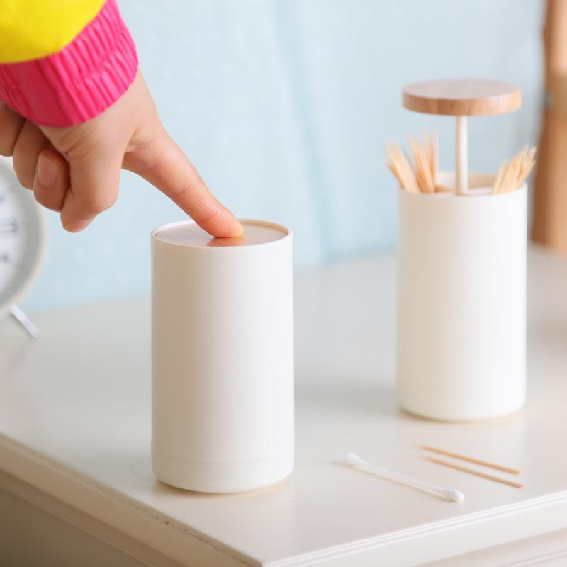 Hand Press Toothpick Dispenser Box PP+Beechwood Cotton Swabs Holder Can