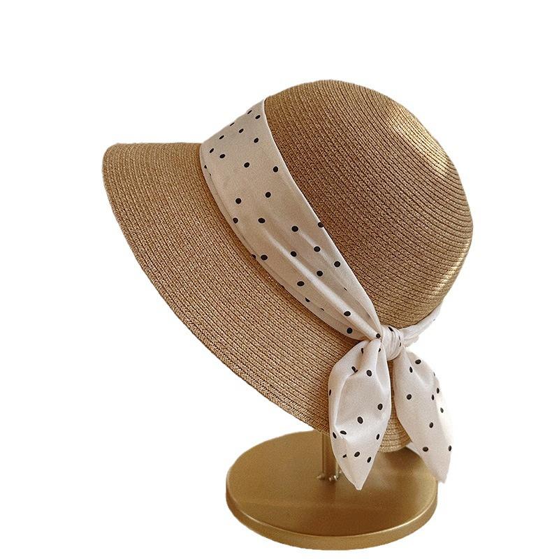 Women's Japanese Style Polka Dot Straw Hat with Ribbon Bow
