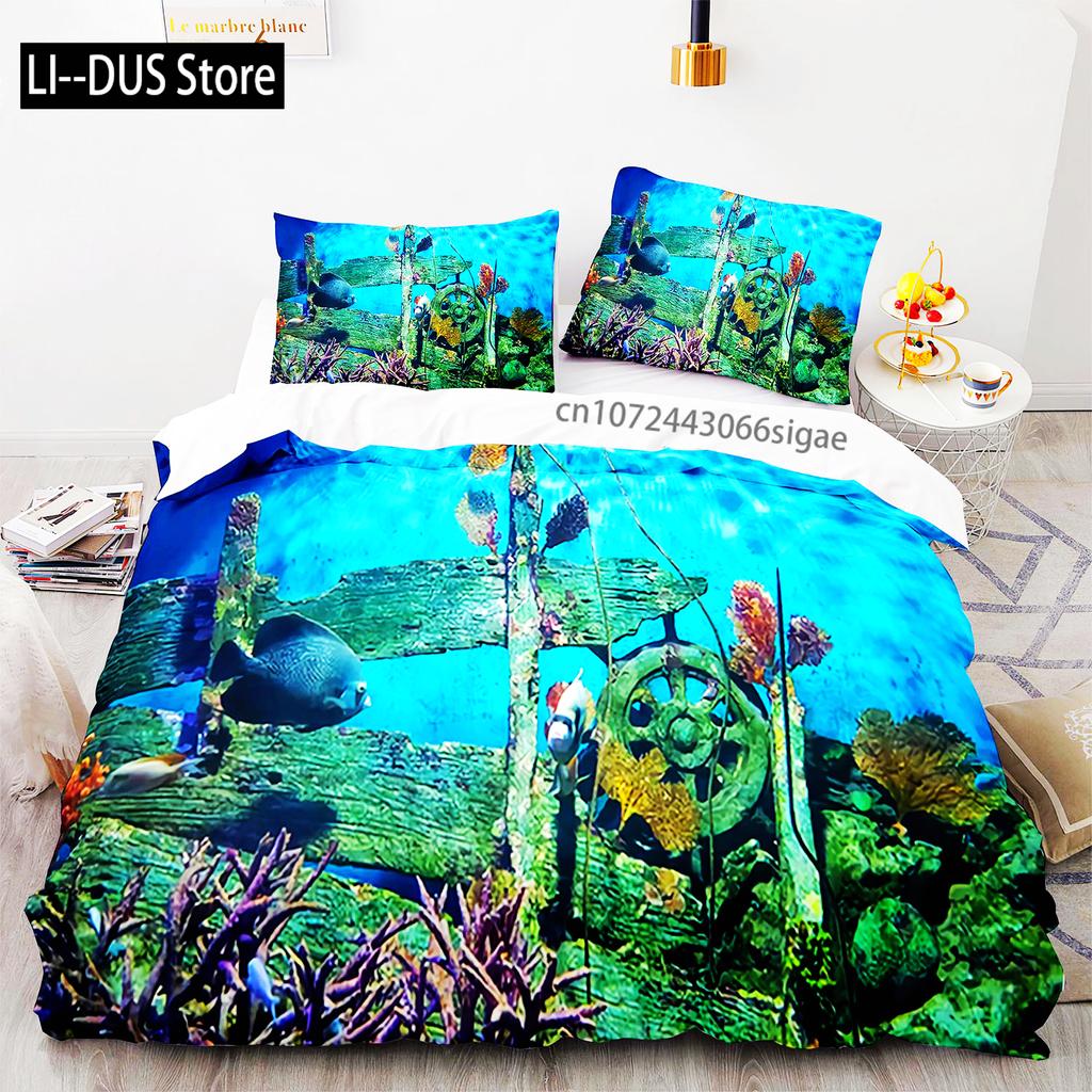 Blue Sea World Bettwäschesets 3D-Druck Meerestiere Delfine Haie Und Cartoon Steppdecke Queen Bettbezug-Set Kinder Erwachsene Bettwäsche