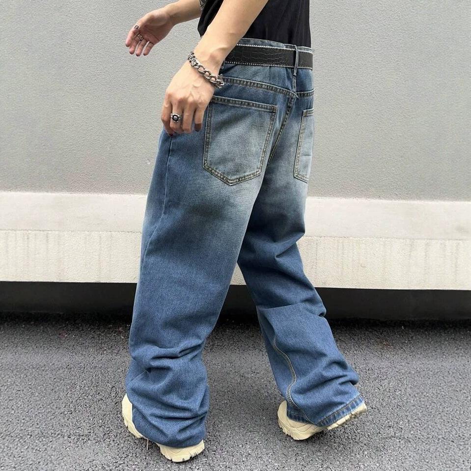 American Retro Male Ruffian Handsome Textured Cat Pattern High Street Wide-leg Pants New Loose Pendant Jeans
