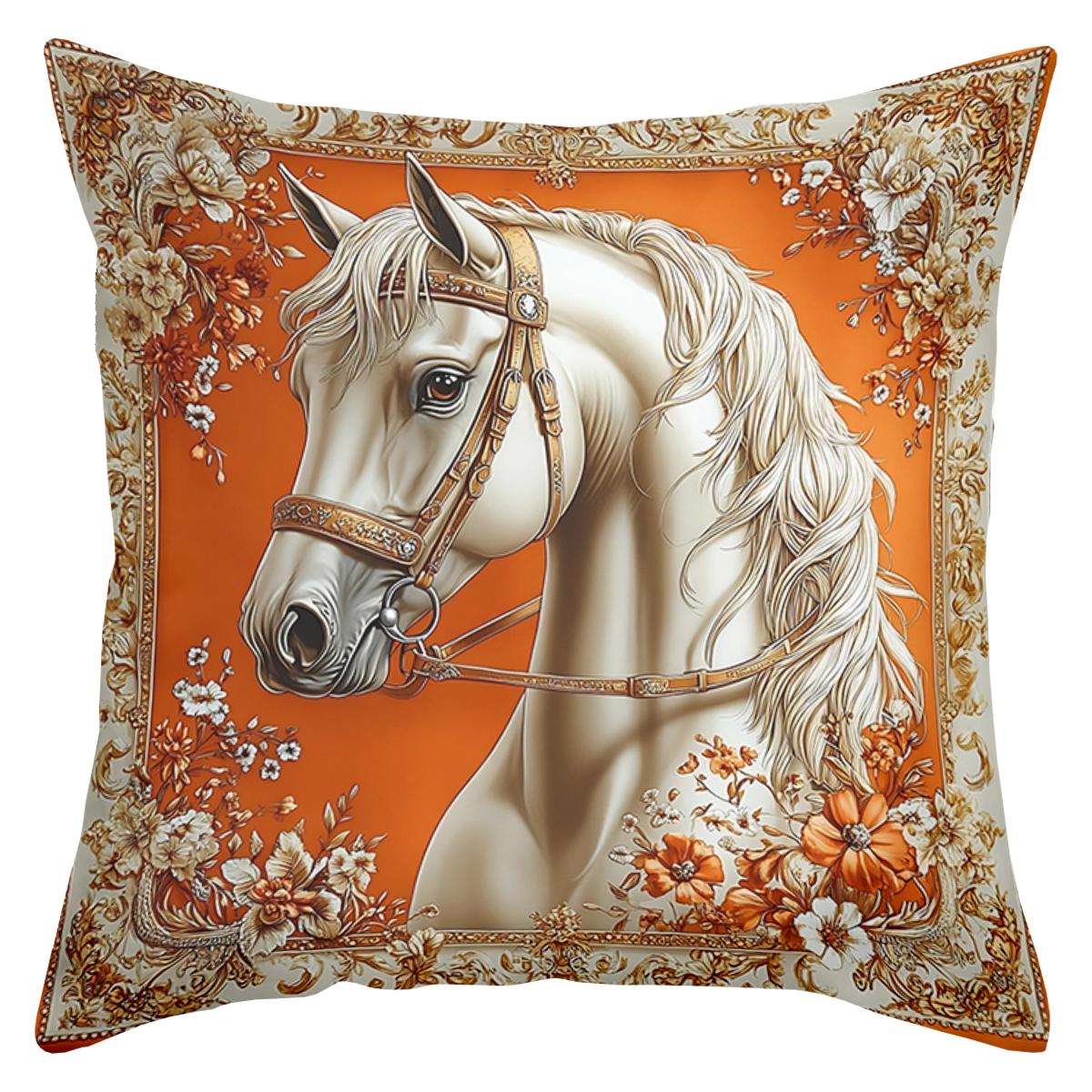 

1 шт. Изысканные подушки с принтом лошади и оранжевым цветочным узором Полиэстеровая наволочка, декоративная подушка для дивана, подушка для изголовья 16x16Inch