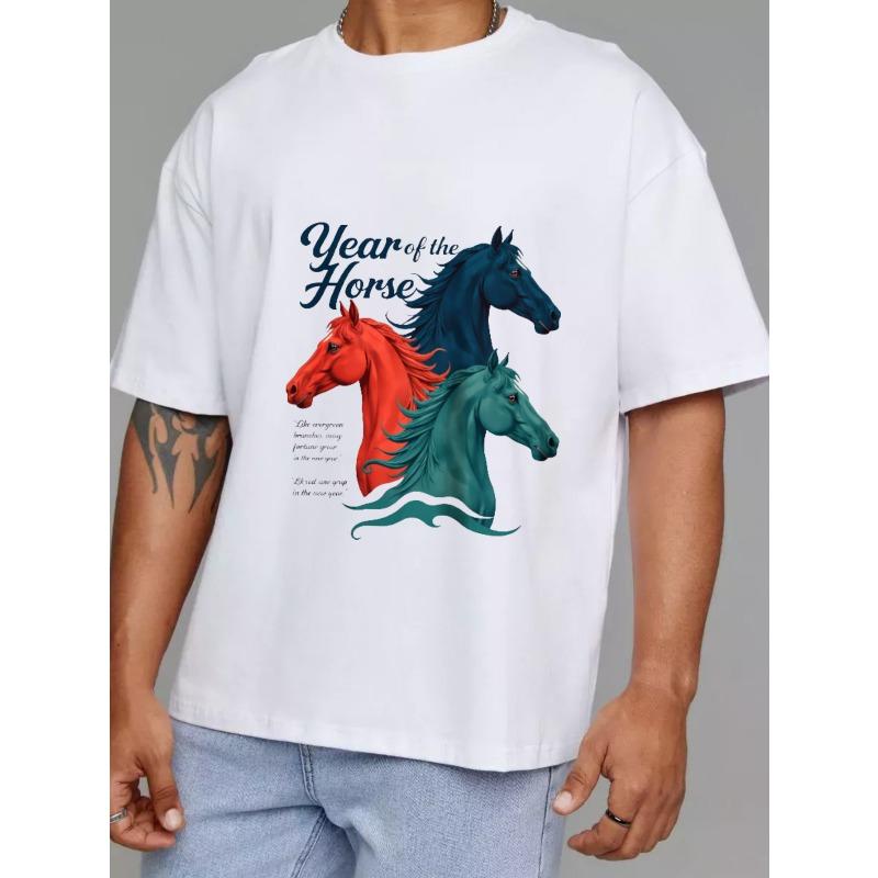 White T-Shirt Year of The Horse Graphic Print with Three Colorful Horses and Inspirational Text for Casual Wear