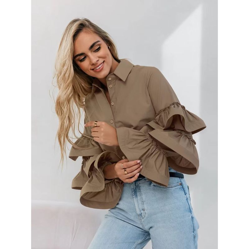 European and American New Fashion Design Sense Frill Long sleeve Temperament Shirts Lotus Leaf Sleep Shirt