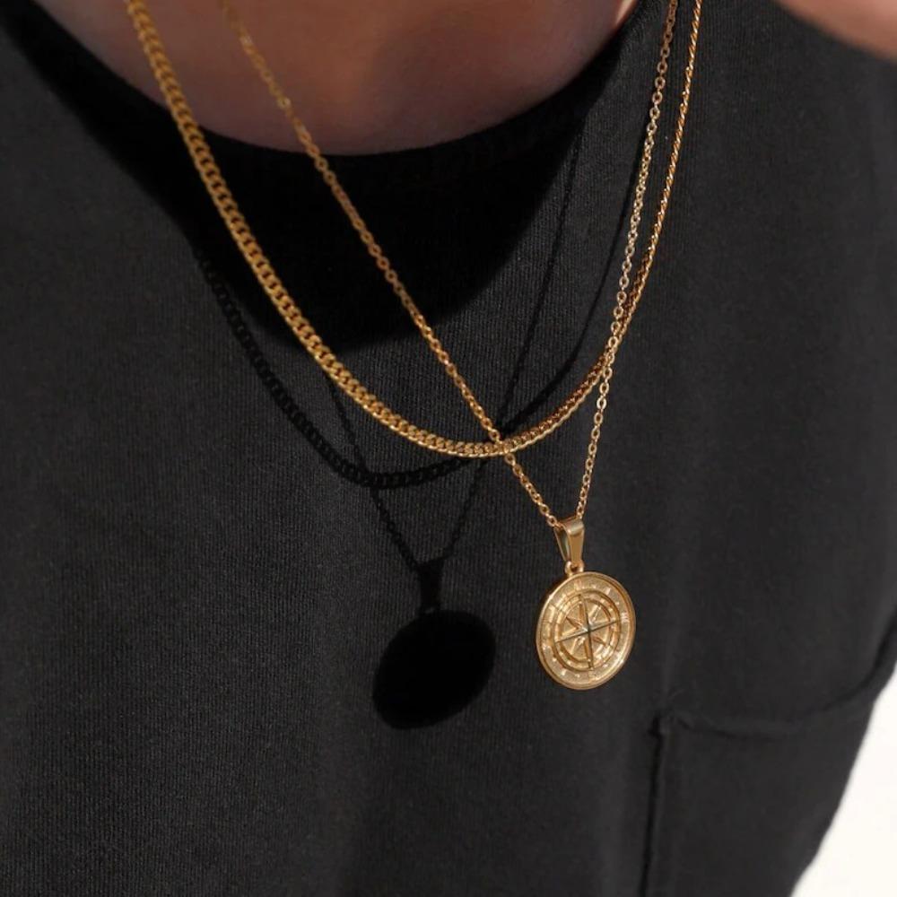 Vintage Compass Pendant Stainless Steel Cuban Style Choker Clavicle Chain Man Necklace Wheat Chain
