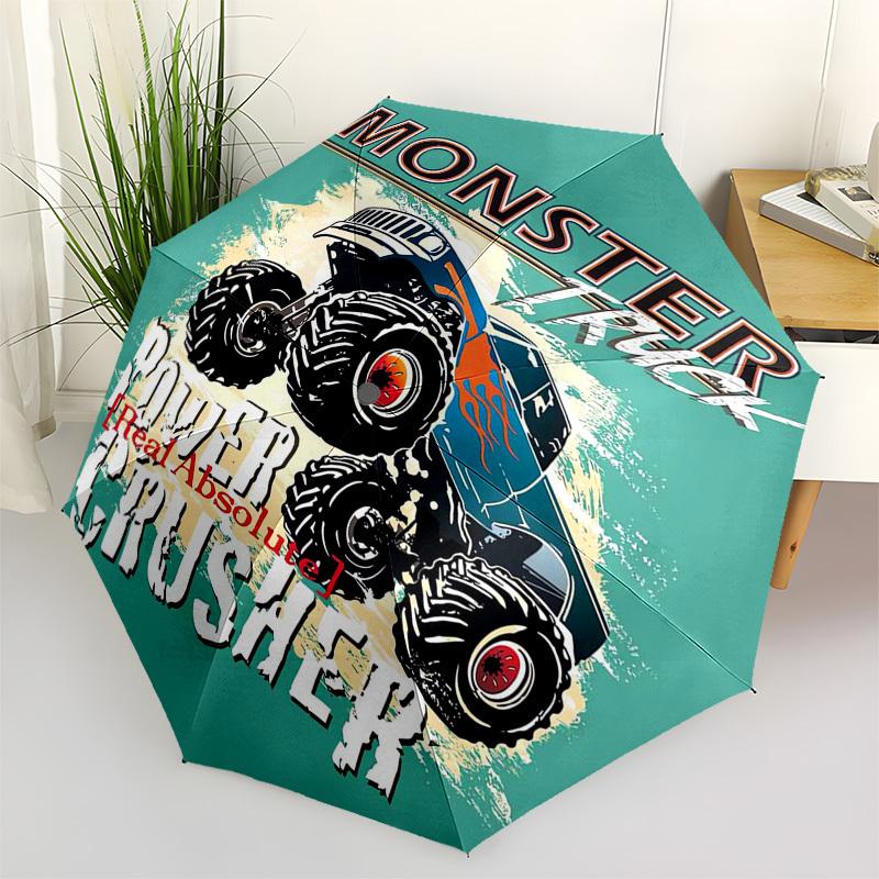 Monster Truck, Power Crusher Themed Automatic Opening and Closing Umbrella, Compact Travel Umbrella, Lightweight and Portable, Suitable for