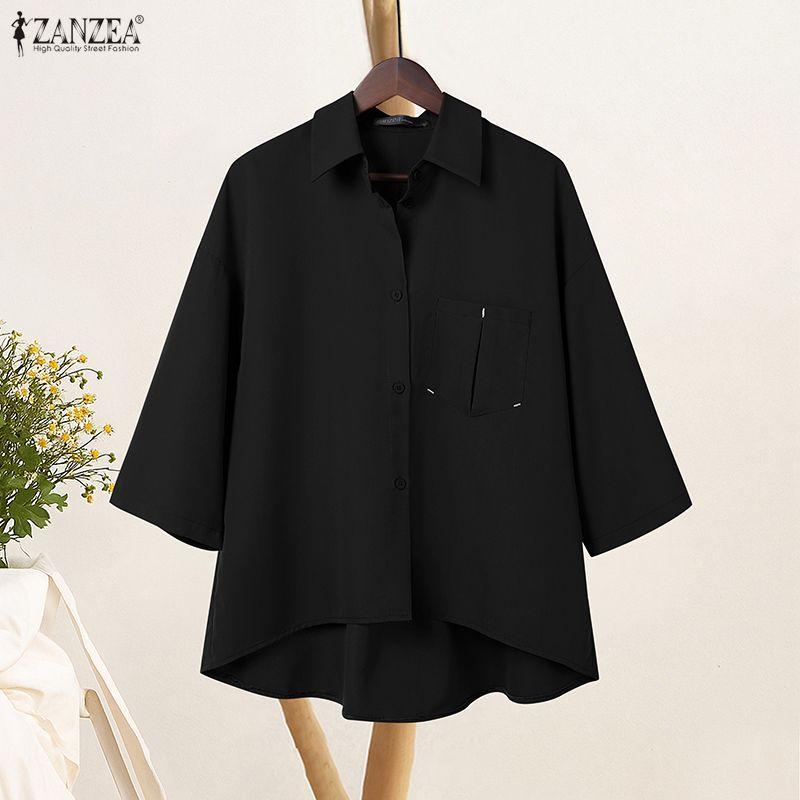 ZANZEA Dame Casual Nedslått Krage Løs 3/4 Ermet Bluse