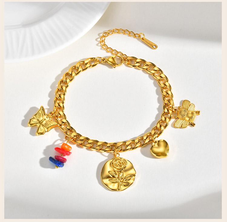 Stainless Steel Flower Bee, Butterfly Heart-shaped Charms Pendant Bracelet, Handmade Waterproof New Wrist Chain Jewelry