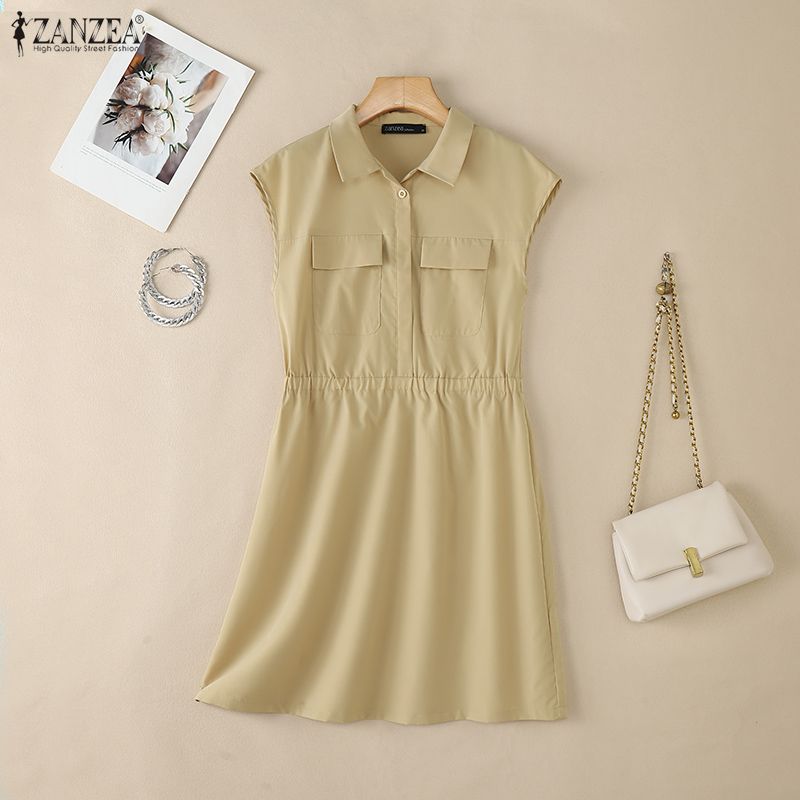 ZANZEA Women Casual Turn Down Collar Summer Short Sleeve Shirt Dress